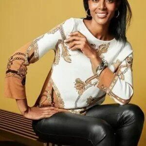NWT Chico’s Jacquard Bateau Neck Equestrian Luxury Chain Sweater 0P